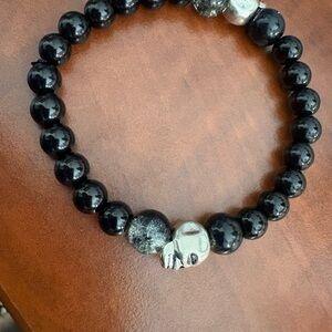 Black jasper Beaded Bracelet with Silver Skull
